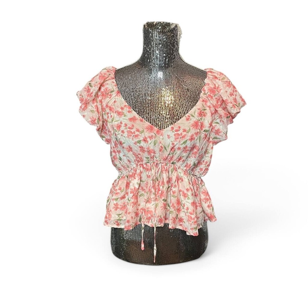 Floral Babydoll Top Cottagecore Boho Pink V Neck Tie Front Short Sleeve Medium